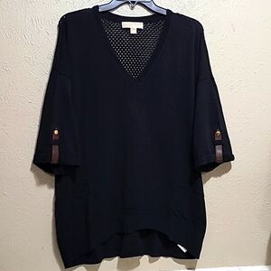 Michael Kors black Sweater Blouse V-neck Leather/Knit details knit womens Sz: L